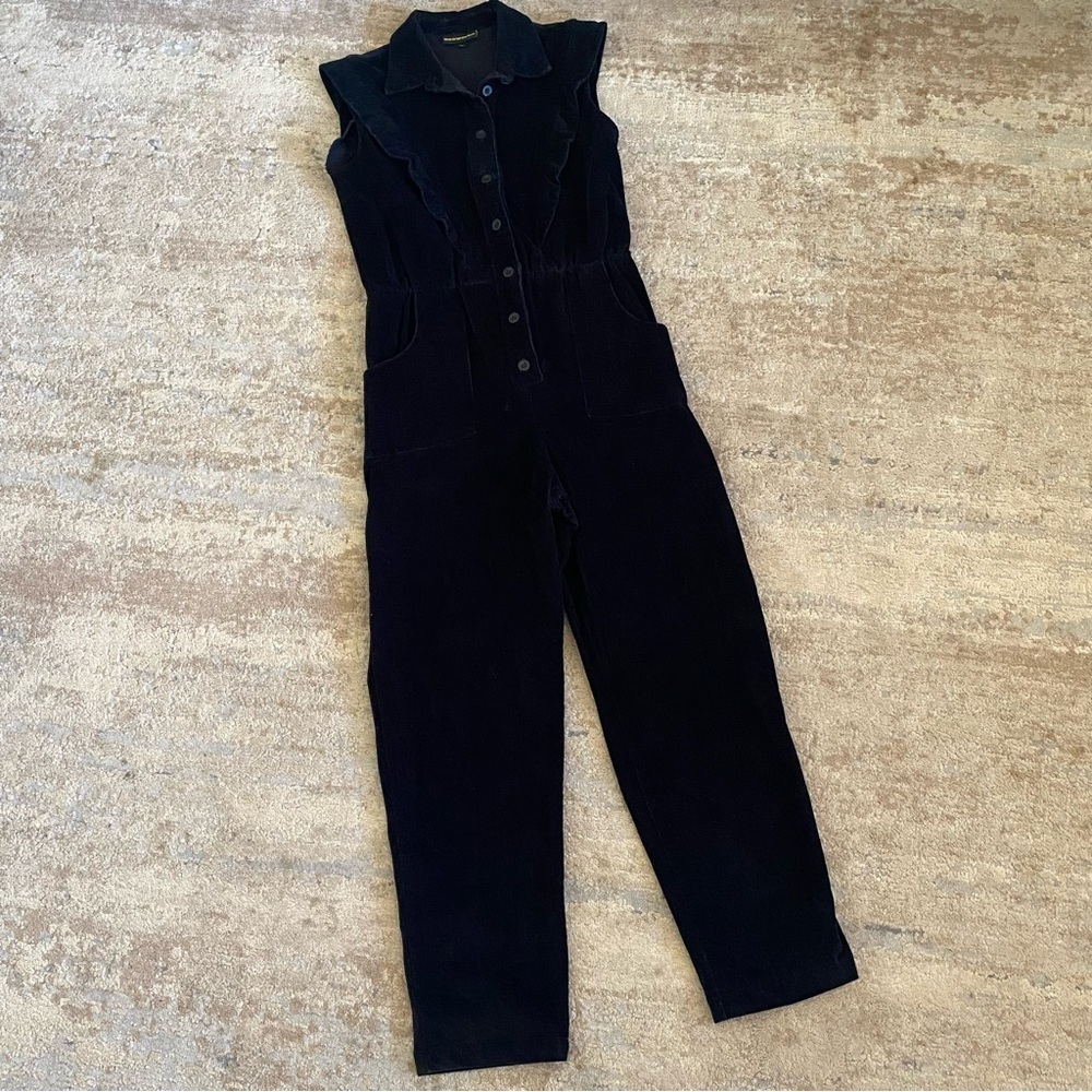 Nooworks Julia Corduroy Jumpsuit Ruffle Solid Black Straight Leg Button Down: S